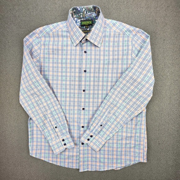 Inserch Other - Inserch Icon Button Down Shirt‎ Mens Blue Orange Plaid Jacquard Cotton 2XL